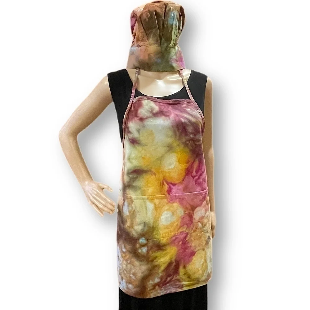Tie Dye adult unisex apron four pocket matching toque chef's hat earth tones